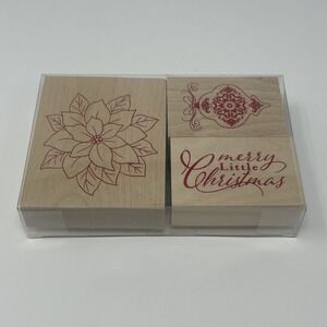 NIB Recollections 3 Pc Christmas Wood Stamp Set Poinsettia Bulb Merry Christmas